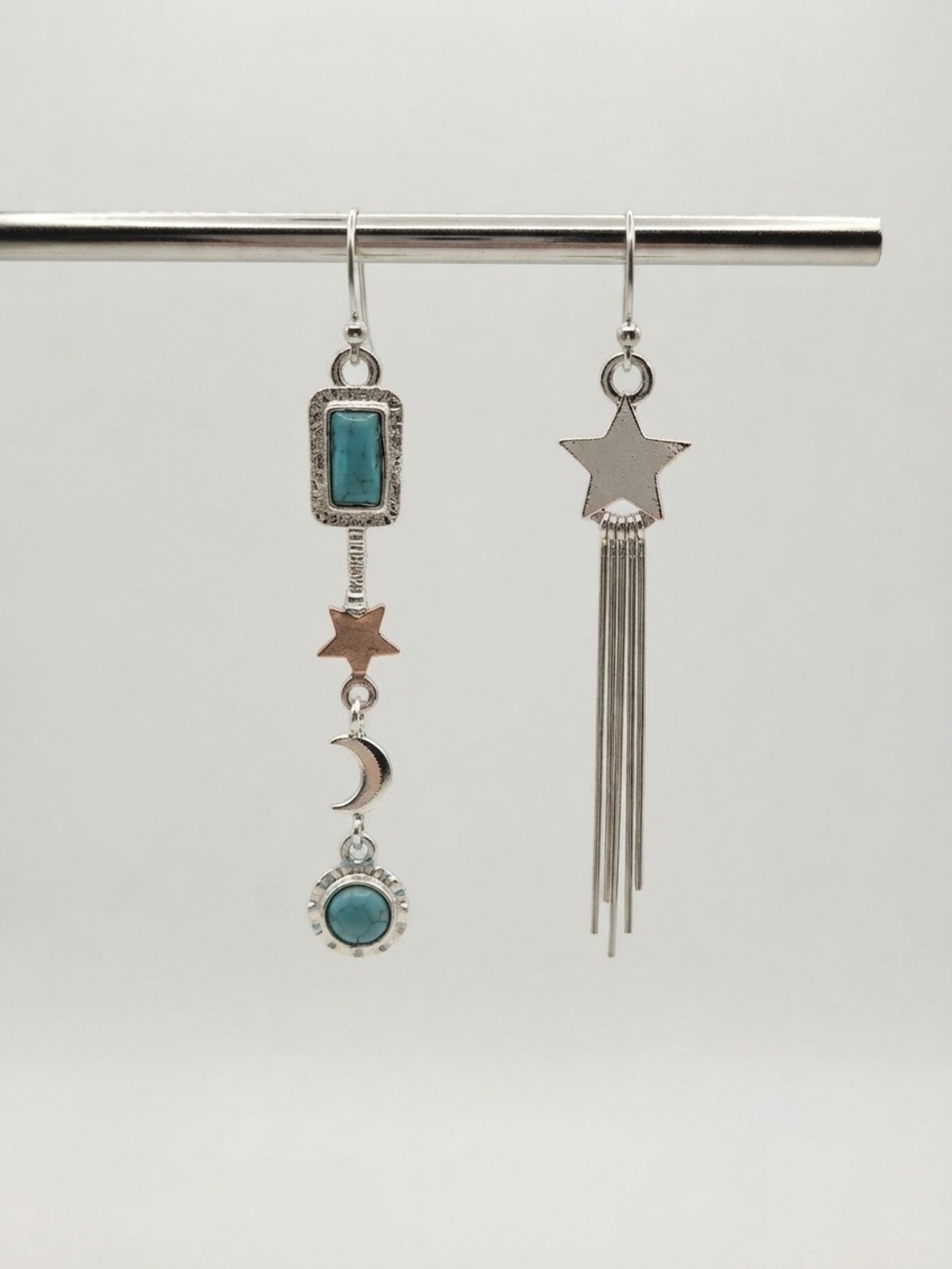 NEW Boho Silver Tone Star & Turquoise Mismatch Dangle Earrings (0361)